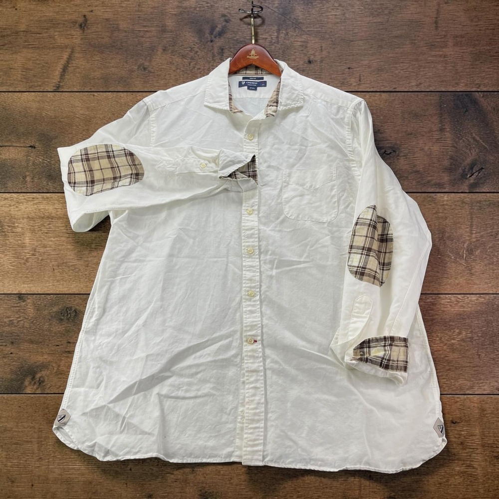 Cremieux Collection Mens XL Slim Fit Linen Cotton Shirt Plaid Elbow Patch White